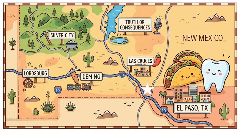Sunland Park, Santa Teresa, Canutillo, Vinton, La Union, Anthony, Vado, La Mesa, Mesquite, Mesilla, Picacho Hills, Las Cruces, Deming, Lordsburg, Silver City, Hatch, Hillsborough, Truth or Consequences, and Elephant Butte, are going to West El Paso Dentist